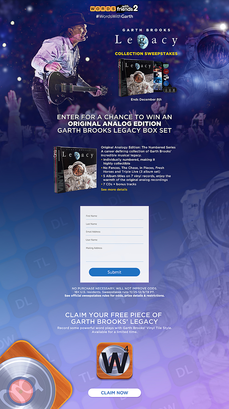 Garth Brooks Returns to Words With Friends With Custom, Vinyl Tile Style for Fans