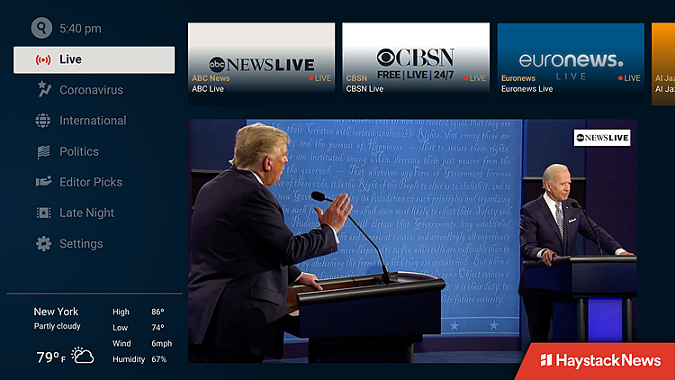 Haystack News Launches 24/7 Live Channels on Its Leading AVOD News Platform; Headlined By ABC News Live and CBSN